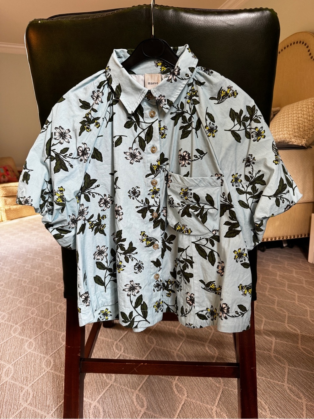 Maeve cropped Blue Floral Button-Front Blouse with puff sleeves. Great for fall